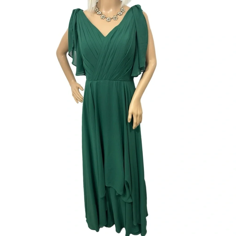 JJs HOUSE Green Goddess Chiffon Gown Split Ruffle Sleeve Dress V Neck Women Sz 6 - Picture 4 of 16